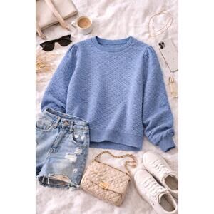 NWT LOFT Women's Quilted Crewneck Puff Sleeve Sweatshirt Washed Denim Blue SZ L